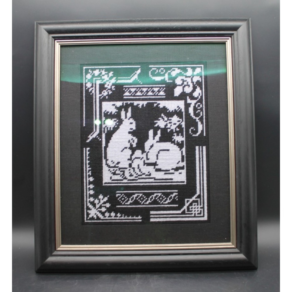 Vintage Plastic Canvas Yarn Art Framed Rabbits Folk Wall Decor Black White 17x15